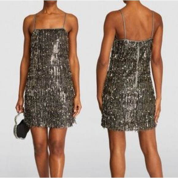 NWT $1000 Alice + Olivia Chicago Sequin Fringe Mini Dress Gunmetal Silver Sz 0 - Picture 6 of 16